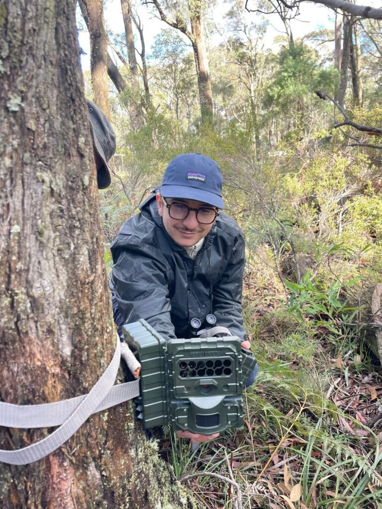 Dylan, in a cap and glasses, strapping a camouflaged camera trap to a tree trunk in the forest.