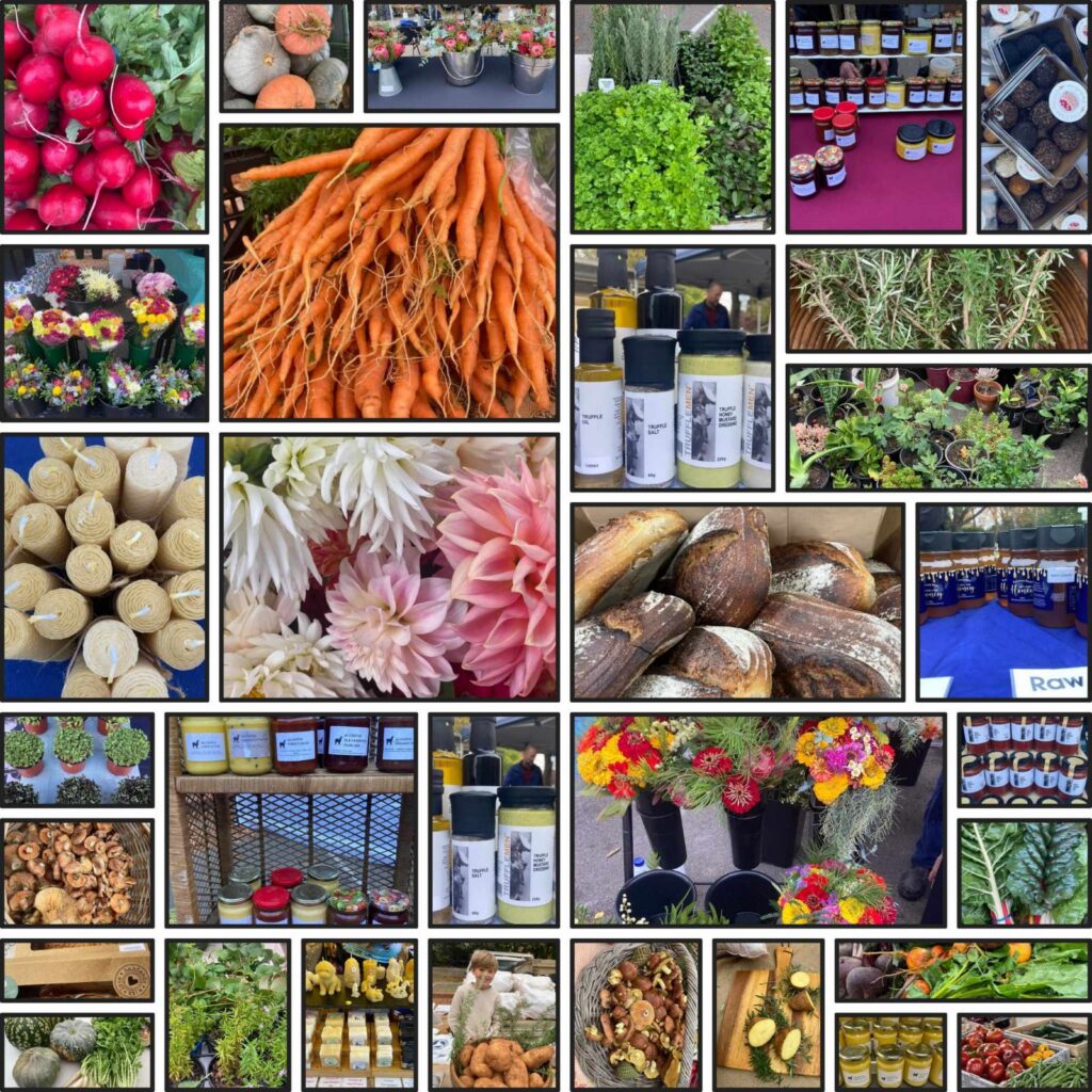 A collage of market goods: radishes, carrots, dahlias, sourdough loaves, candles, jars of preserves and potted plants.
