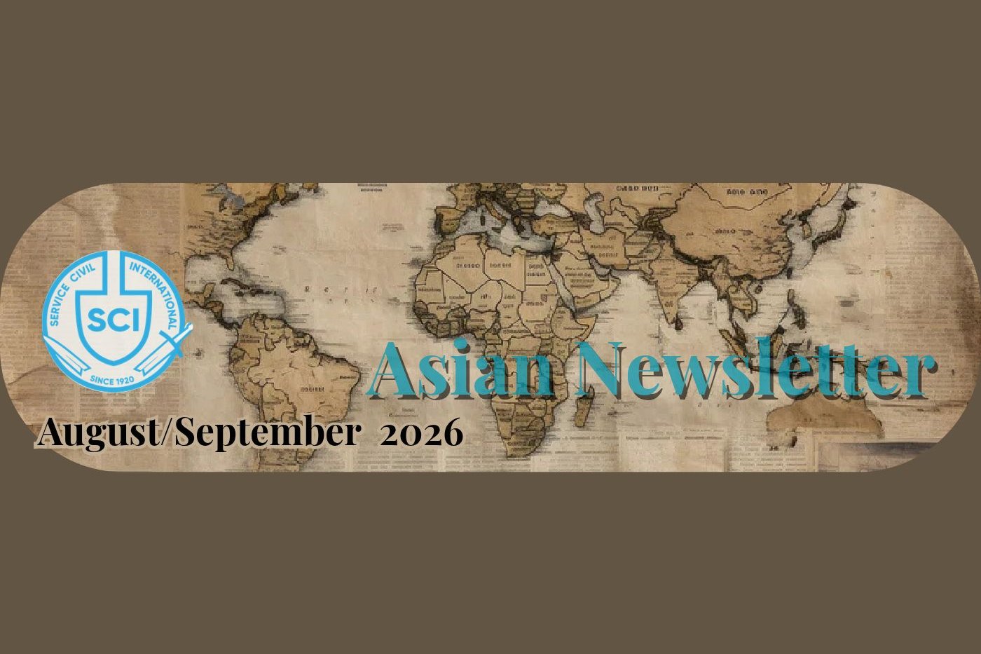 Masthead of the SCI Asian Newsletter, August/September 2026: the SCI logo and title over an antique world map.